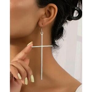 Cross Drop Silver Metal Earrings